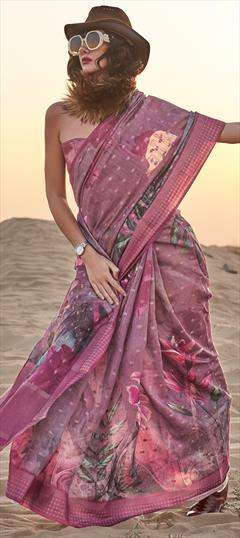 Party Wear, Traditional Pink and Majenta color Saree in Linen fabric with Bengali Floral, Printed work : 1949189