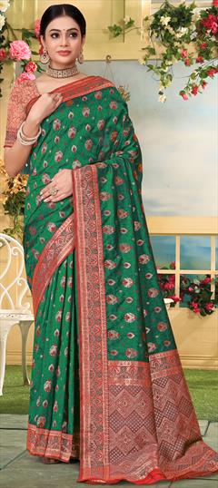 Festive, Traditional Green color Saree in Banarasi Silk fabric with South Weaving work : 1949199