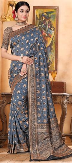 Festive, Traditional Black and Grey color Saree in Banarasi Silk fabric with South Weaving work : 1949201