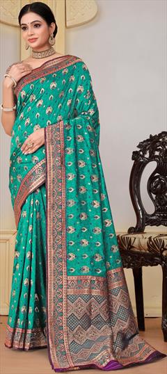 Festive, Traditional Green color Saree in Banarasi Silk fabric with South Weaving work : 1949203