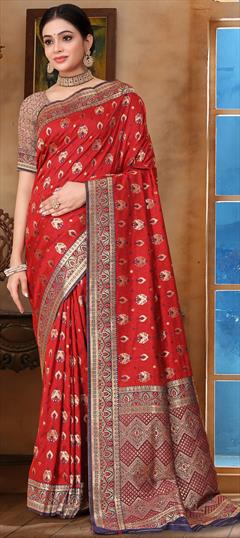 Festive, Traditional Red and Maroon color Saree in Banarasi Silk fabric with South Weaving work : 1949205