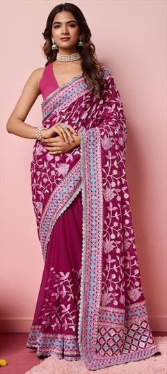 Festive, Reception, Wedding Pink and Majenta color Saree in Georgette fabric with Classic Embroidered work : 1949222