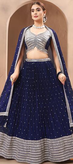 Bridal, Reception, Wedding Blue color Ready to Wear Lehenga in Georgette fabric with Flared Embroidered, Sequence, Thread work : 1949224