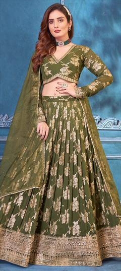 Bridal, Reception, Wedding Green color Ready to Wear Lehenga in Georgette fabric with Flared Embroidered, Sequence, Thread, Zari work : 1949226