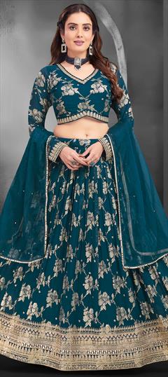 Bridal, Reception, Wedding Blue color Ready to Wear Lehenga in Georgette fabric with Flared Embroidered, Sequence, Thread, Zari work : 1949227