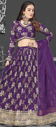 Bridal, Reception, Wedding Purple and Violet color Ready to Wear Lehenga in Georgette fabric with Flared Embroidered, Sequence, Thread, Zari work : 1949228