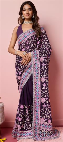 Festive, Reception, Wedding Purple and Violet color Saree in Georgette fabric with Classic Embroidered work : 1949229