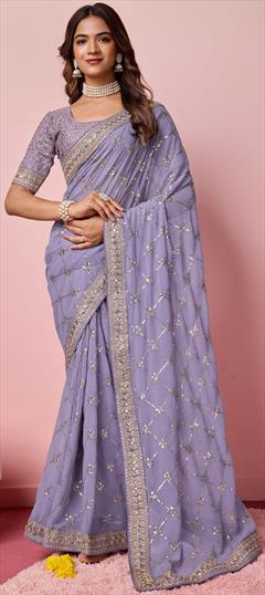 Designer, Engagement, Reception Purple and Violet color Saree in Georgette fabric with Classic Embroidered, Thread work : 1949241