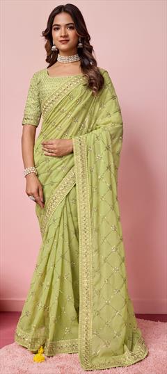 Engagement, Festive, Reception Green color Saree in Georgette fabric with Classic Embroidered, Thread work : 1949242