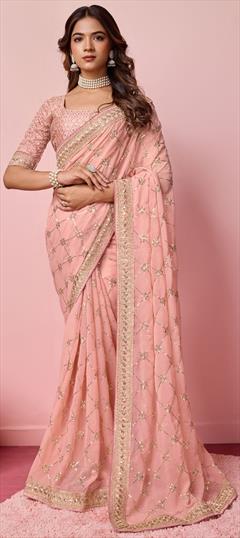 Engagement, Festive, Reception Pink and Majenta color Saree in Georgette fabric with Classic Embroidered, Thread work : 1949243