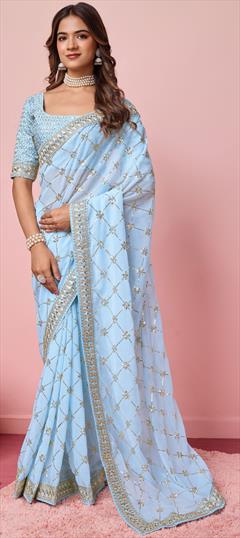 Engagement, Festive, Reception Blue color Saree in Georgette fabric with Classic Embroidered, Thread work : 1949246