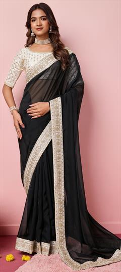 Festive, Reception Black and Grey color Saree in Organza Silk fabric with Classic Border, Embroidered, Thread work : 1949253