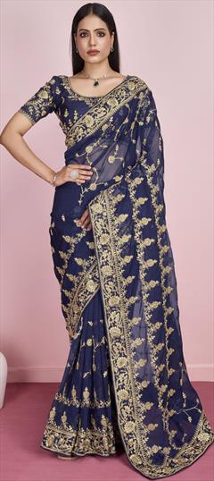 Festive, Party Wear, Reception Blue color Saree in Organza Silk fabric with Classic Embroidered, Thread work : 1949254