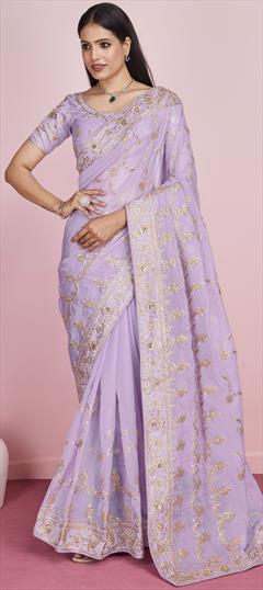 Festive, Party Wear, Reception Purple and Violet color Saree in Organza Silk fabric with Classic Embroidered, Thread work : 1949256