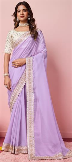 Festive, Reception Purple and Violet color Saree in Organza Silk fabric with Classic Border, Embroidered, Thread work : 1949259