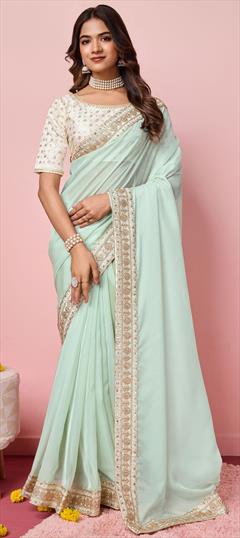 Festive, Reception Blue color Saree in Organza Silk fabric with Classic Border, Embroidered, Thread work : 1949260