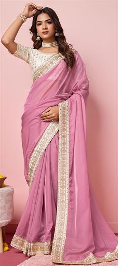 Festive, Reception Pink and Majenta color Saree in Organza Silk fabric with Classic Border, Embroidered, Thread work : 1949261
