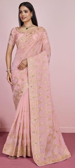 Festive, Party Wear, Reception Pink and Majenta color Saree in Organza Silk fabric with Classic Embroidered, Thread work : 1949262