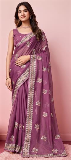 Festive, Reception, Traditional Purple and Violet color Saree in Organza Silk fabric with Classic Embroidered, Thread work : 1949271