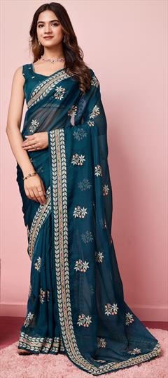Festive, Reception, Traditional Green color Saree in Organza Silk fabric with Classic Embroidered, Thread work : 1949273
