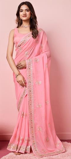 Festive, Reception, Traditional Orange color Saree in Organza Silk fabric with Classic Embroidered, Thread work : 1949274