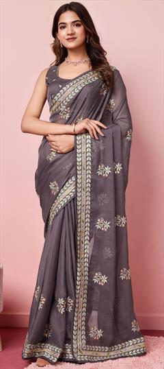Festive, Reception, Traditional Beige and Brown color Saree in Organza Silk fabric with Classic Embroidered, Thread work : 1949275