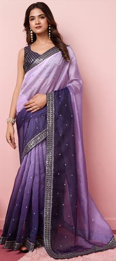 Festive, Reception, Traditional Purple and Violet color Saree in Organza Silk fabric with Classic Embroidered, Sequence, Thread work : 1949277