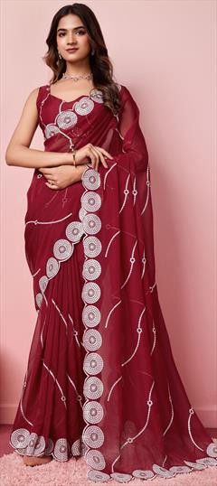 Party Wear, Traditional Red and Maroon color Saree in Organza Silk fabric with Classic Embroidered, Thread work : 1949279