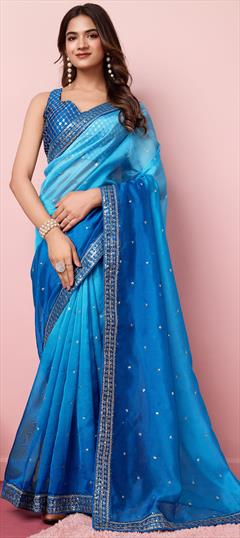 Festive, Reception, Traditional Blue color Saree in Organza Silk fabric with Classic Embroidered, Sequence, Thread work : 1949280