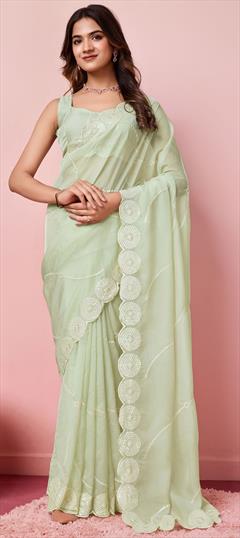 Party Wear, Traditional Gold, Yellow color Saree in Organza Silk fabric with Classic Embroidered, Thread work : 1949281
