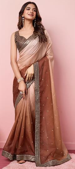 Festive, Reception, Traditional Pink and Majenta color Saree in Organza Silk fabric with Classic Embroidered, Sequence, Thread work : 1949282