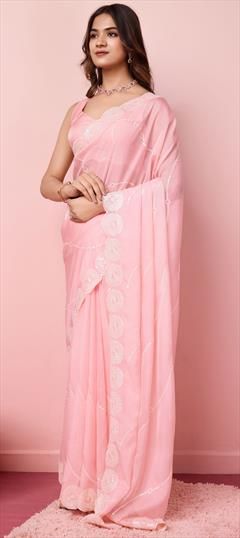 Party Wear, Traditional Pink and Majenta color Saree in Organza Silk fabric with Classic Embroidered, Thread work : 1949283