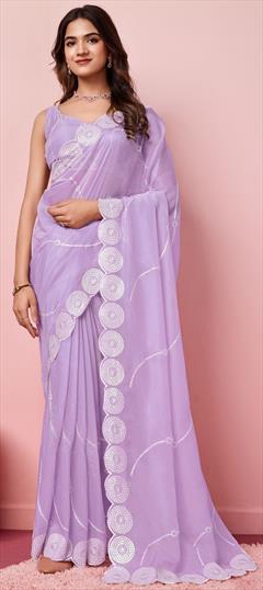 Party Wear, Traditional Purple and Violet color Saree in Organza Silk fabric with Classic Embroidered, Thread work : 1949284