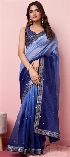 Festive, Reception, Traditional Blue color Saree in Organza Silk fabric with Classic Embroidered, Sequence, Thread work : 1949285