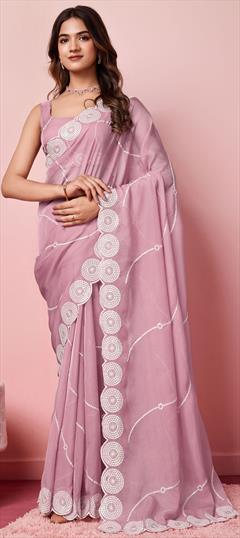 Party Wear, Traditional Pink and Majenta color Saree in Organza Silk fabric with Classic Embroidered, Thread work : 1949286
