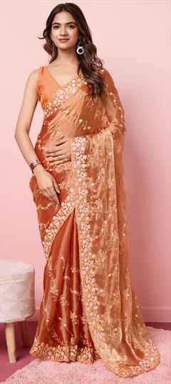 Festive, Reception Orange color Saree in Georgette fabric with Classic Embroidered, Thread work : 1949299