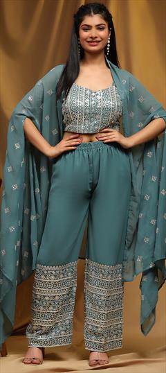 Festive, Reception Blue color Salwar Kameez in Georgette fabric with Embroidered, Thread work : 1949301