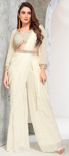 Designer White and Off White color Salwar Kameez in Silk fabric with Sharara Embroidered, Sequence, Thread work : 1949305