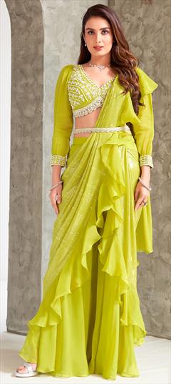 Designer Green color Salwar Kameez in Georgette fabric with Ruffle Lace, Sequence work : 1949307