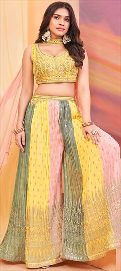 Designer, Wedding Multicolor color Salwar Kameez in Silk fabric with Palazzo Bugle Beads, Cut Dana, Mirror, Resham, Thread work : 1949308