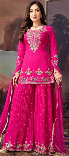 Engagement, Mehendi Sangeet, Wedding Pink and Majenta color Salwar Kameez in Georgette fabric with Palazzo, Straight Embroidered, Resham, Thread work : 1949309
