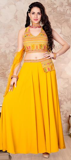 Designer, Wedding Yellow color Salwar Kameez in Georgette fabric with Palazzo Embroidered, Sequence, Thread work : 1949313