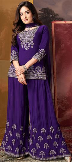 Engagement, Mehendi Sangeet, Wedding Purple and Violet color Salwar Kameez in Georgette fabric with Palazzo, Straight Embroidered, Mirror, Resham, Thread work : 1949321