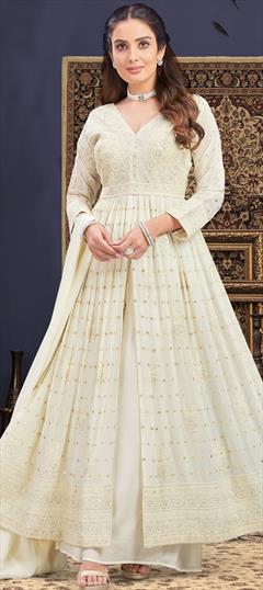 Engagement, Mehendi Sangeet, Wedding White and Off White color Salwar Kameez in Georgette fabric with Anarkali Embroidered, Resham, Sequence, Thread work : 1949324