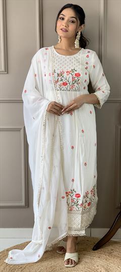 Festive, Party Wear White and Off White color Salwar Kameez in Rayon fabric with Straight Embroidered, Resham, Thread work : 1949358