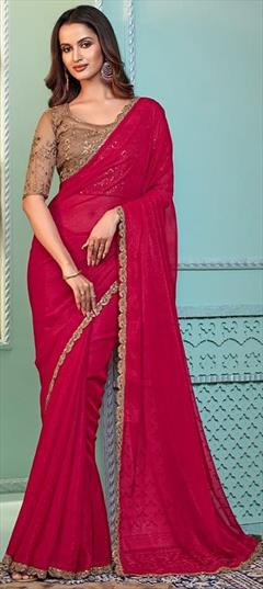 Reception, Wedding Pink and Majenta color Saree in Georgette fabric with Classic Lace work : 1949361