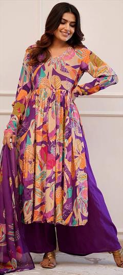 Festive, Reception Purple and Violet color Salwar Kameez in Art Silk fabric with Palazzo, Straight Printed work : 1949362