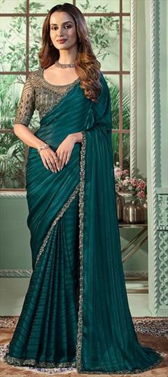 Reception, Wedding Blue color Saree in Georgette fabric with Classic Lace work : 1949363