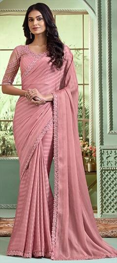 Reception, Wedding Pink and Majenta color Saree in Georgette fabric with Classic Lace work : 1949365