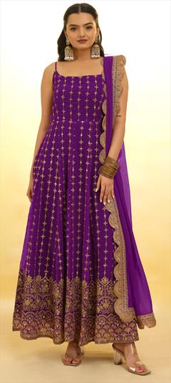 Festive, Reception, Wedding Purple and Violet color Salwar Kameez in Georgette fabric with Anarkali Embroidered, Sequence, Thread work : 1949366